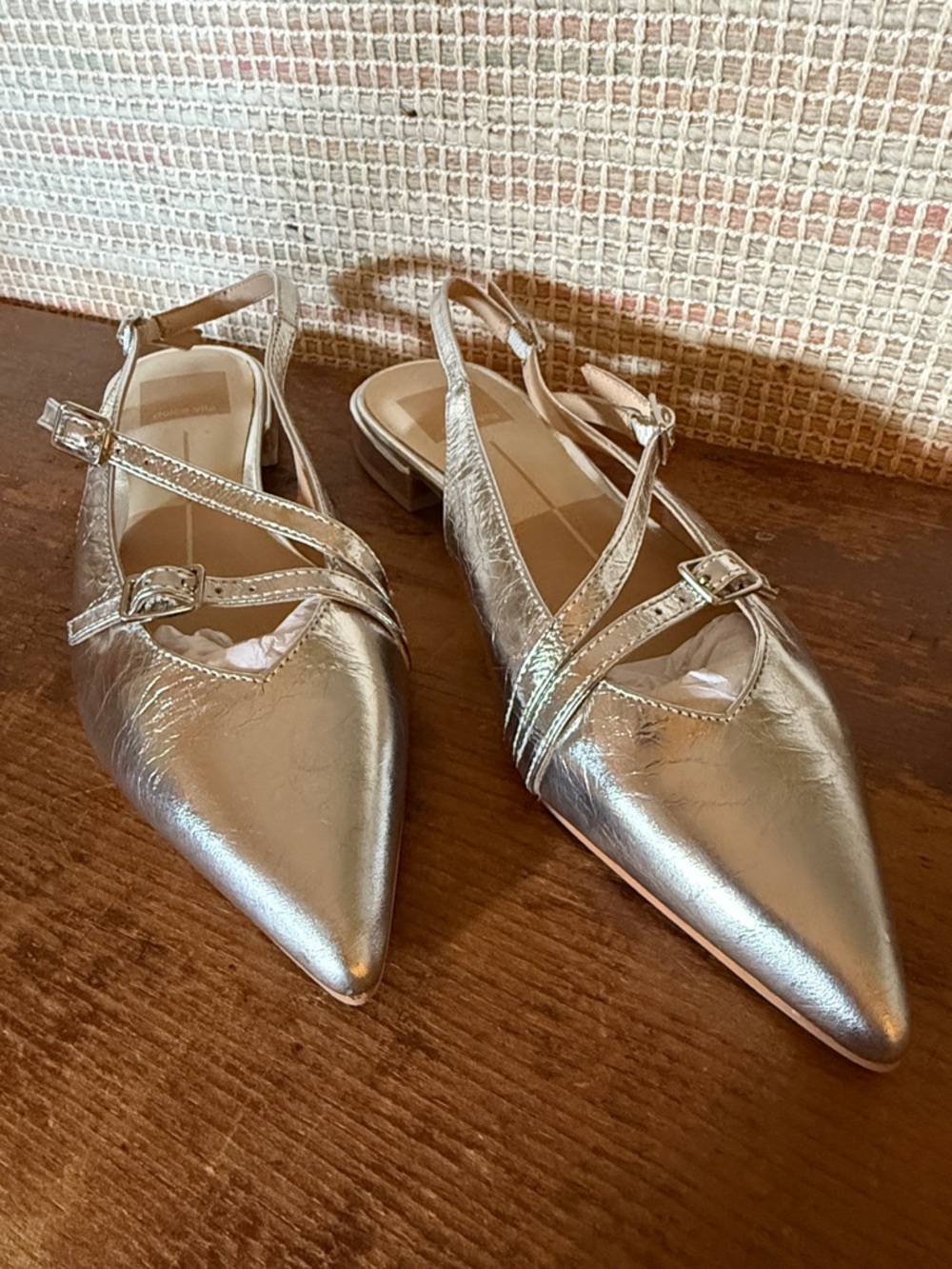 Dolce Vita Metallic Silver Pointed Slingback Flats with Crisscross Buckles